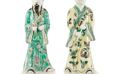 Pair Of Vintage Chinese Porcelain Famille Verte / Jaune Figurines