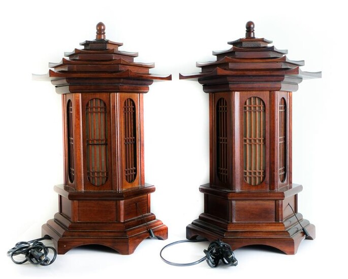 Pair, Vintage Pagoda Form Wood Table Lamps