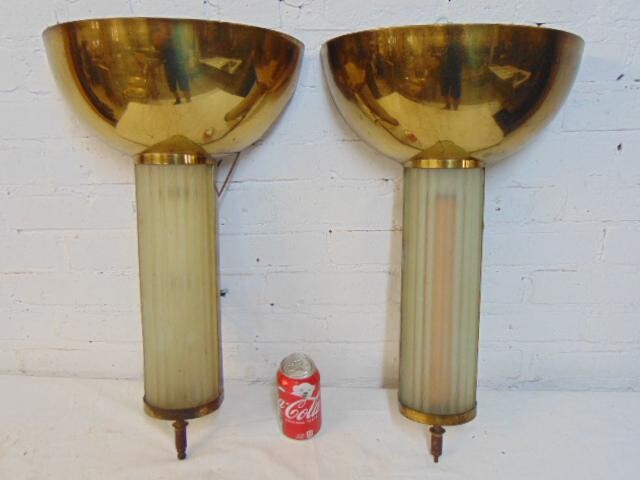 Pair art deco wall sconces, brass bowl over frosted
