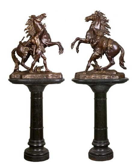Pair of 19th C. Bronze Figures 'Marly Horse' on Marble