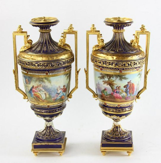 Pair of 19thC French Hand Painted Urns