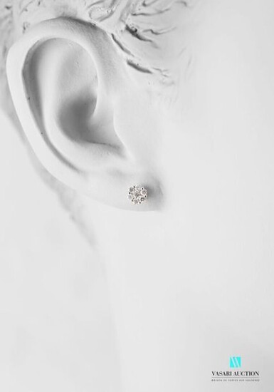 Pair of 750 thousandths white gold flower shaped earrings adorned with modern cut diamonds, Belgian pushchair clasps.