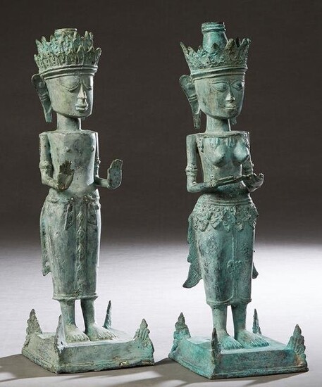 Pair of African Benin Bronze Figural Candlesticks, 20th