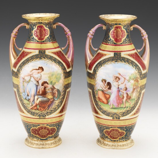 Pair of Austrian Bejeweled Painted Vases