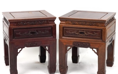 Pair of Chinese carved hardwood tables with square tops, pos...