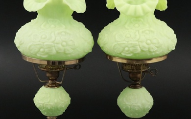 Pair of Fenton Poppies Pressed Custard Glass Table Lamps, Mid-20th Century