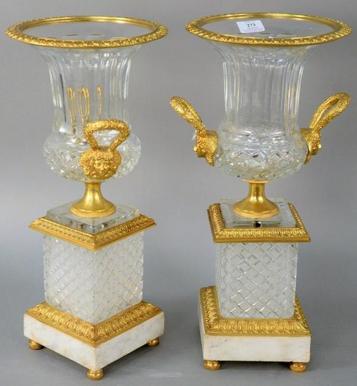 Pair of French Bronze Dore and Crystal Urns, having