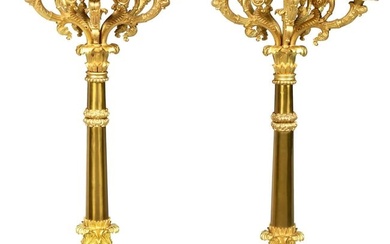 Pair of French Empire Style Gilt Bronze Six Light Candelabra