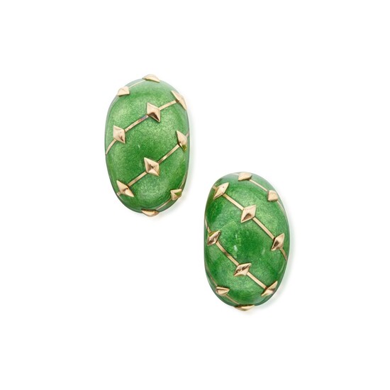 Pair of Gold and Enamel 'Paillonné' Earclips, France, Schlumberger for Tiffany & Co.
