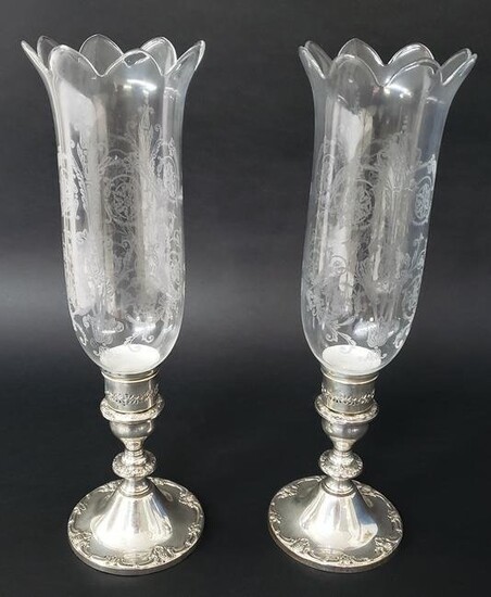 Pair of Gorham Sterling Silver Hurricane Candlestick Lamps Baccarat Shades