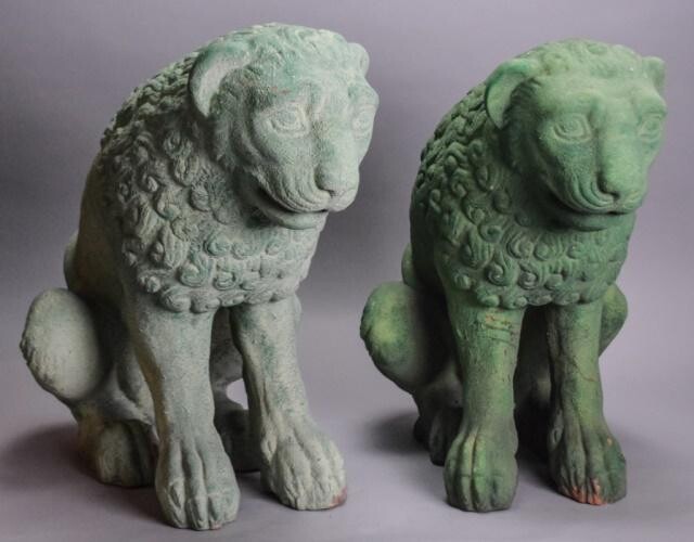 Pair of Green Terracotta Lion Sculptures