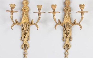 Pair of Louis XVI Style Gilt Bronze Two-Light Sconces