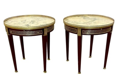 Pair of Marble Top Greek Key Bouillotte End Tables