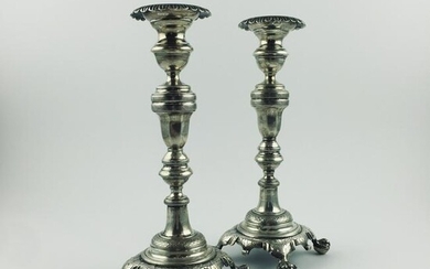 Pair of Portuguese candlesticks in chiselled silver