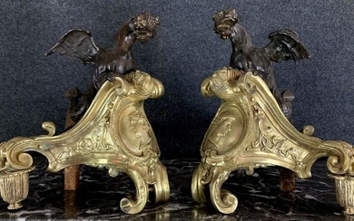 Pair of andirons depicting winged dragons (2) - Régence - Bronze, Iron (cast/wrought) - First half 18th century
