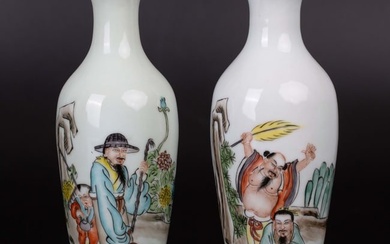 Pair of famille rose figure vases with WanYu mark