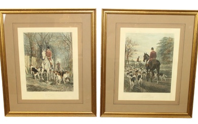 Pair of hunt scene hand colored etchings in gold frames...