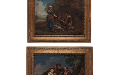 Paolo Monaldi (Rome 1710 - 1779), Pair of landscapes depicting peasants and wayfarers at rest...