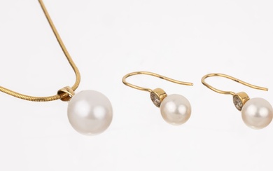 Parure de perles en or 14 ct, GG 585/000, composée de : 1 pendentif, perle...