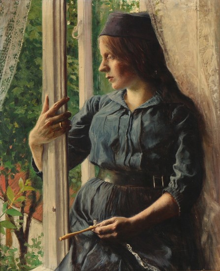 Paul Fischer: The artist's wife Dagny. Signed and dated Paul Fischer Hvidsten 1892. Oil on canvas. 67×55 cm.