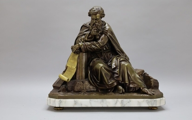 Philosophe grec assis près d'un pilier, non signé, 19e statue en bronze sur socle en...