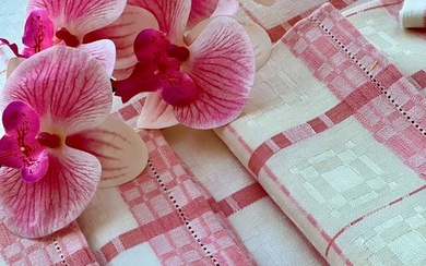 Pink and white linen damask tablecloth with 8 matching napkins. - Tablecloth - 130 cm - 120 cm