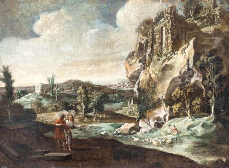 Pittore del XVIII secolo Tobiolo e l'Angelo olio su tela cm 43x57 (in cornice...