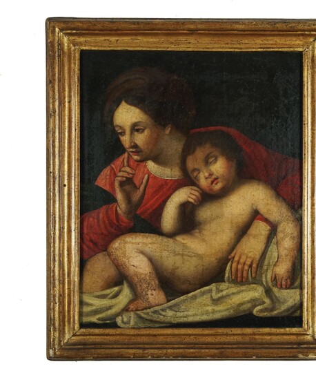 Pittore emiliano del XVIII secolo Madonna col Bambino Dormiente olio su tela,...