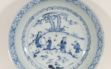 Plat profondDécor bleu de sages. Chine, Ming (éclat).Diam. 32 cm.