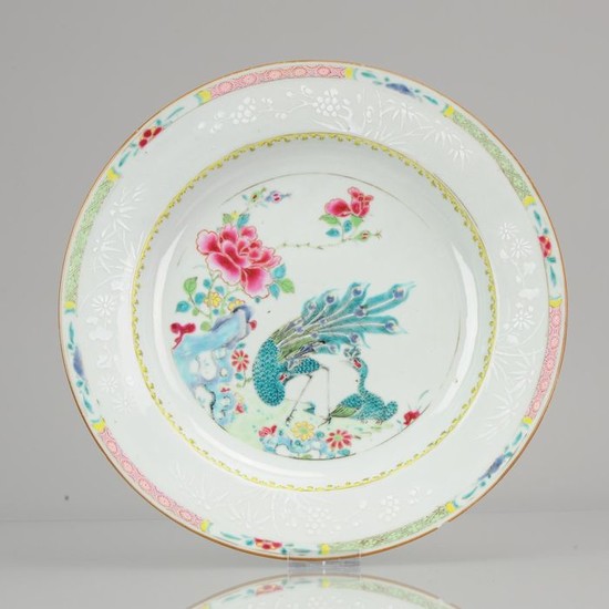 Plate - Porcelain - 29CM Antique Chinese Large Plate Peacocks Bianco Sopra Bianco - China - 18th century