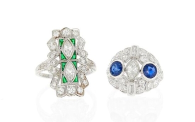 Platinum, Sapphire and Diamond Ring and Emerald and Diamond Ring