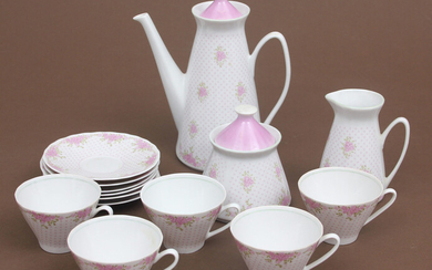 Porcelain tea set for 6 persons "Pink flowers" Second half of 20th century. Riga porcelain manufactory. Cream bowl - 10.3 cm, cup - 5x7 cm, teapot - 19 cm, sugar bowl - 11.5 cm, saucer - 10.5 cm. Sugar tray has no lid.