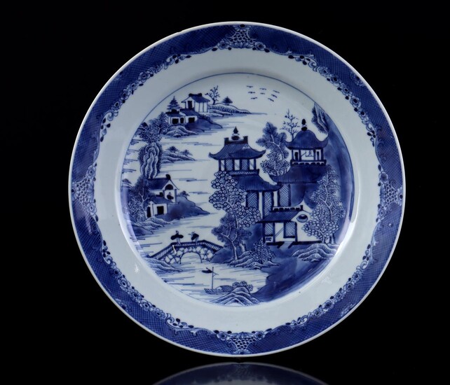 (-), Porcelain dish with blue decor of houses...