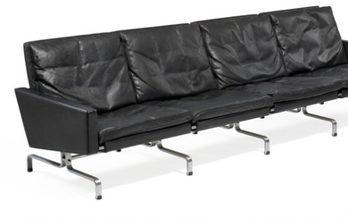 Poul Kjærholm: “PK 31/4”. Freestanding four seater sofa with chromed steel frame. Upholstered with original, patinated black leather. L. 259 cm.