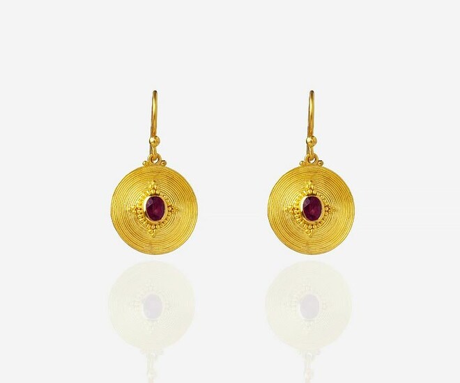 Pure Gold, Wire Wrapped Oval Burma Ruby Earrings
