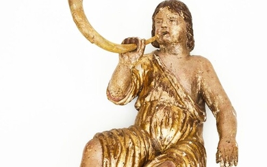 Putto musicien Bois sculpté doré 18ème siècle 75 x 48 cm (accidents)