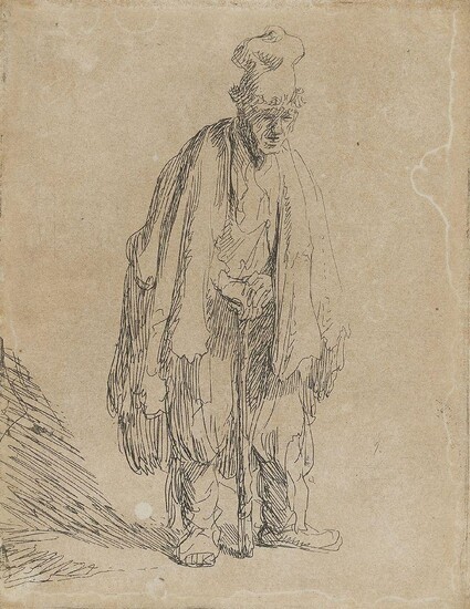 Rembrandt Harmensz. van Rijn, Dutch 1606-1669- A beggar in a high cap, standing and leaning on a stick; etching, 1631, a fine, clear impression of this rare print, watermark Coat of Arms (cf Churchill 288), with narrow to thread margins almost all...