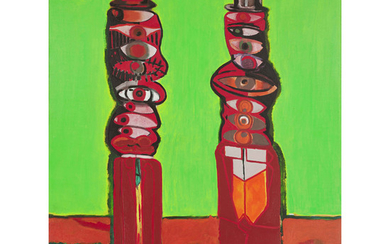 Robert Hodgins South African 1920–2010 Totems in a Desert 1998 oil and charcoal on canvas signed, dated and inscribed with the title...