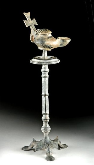 Roman / Byzantine Leaded Bronze Lamp + Lamp Stand