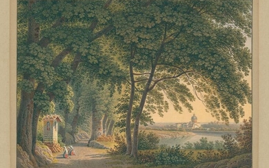 Römische Landschaft mit Gewässer und einem von hohen Bäumen beschatteter Weg mit drei Frauen, die an einem Bildstock beten.