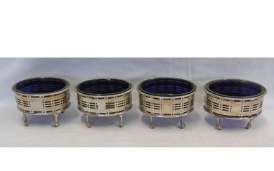 SET OF 4 GEORGIAN SILVER SALTS ON PAW FEET WITH BLUE GLASS L...