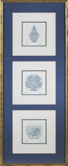SET OF THREE PRINTS DEPICTING CHINESE BLUE AND WHITE