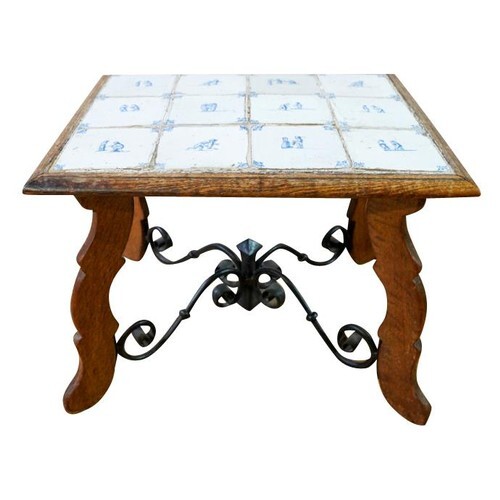 SPANISH OAK, WROUGHT IRON AND TILE INLAID LOW TABLE 19TH CEN...