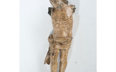 SUJET en bois sculpté représentant un Christ gothique en bois patiné. (Manque les bras). Ep.XVè....