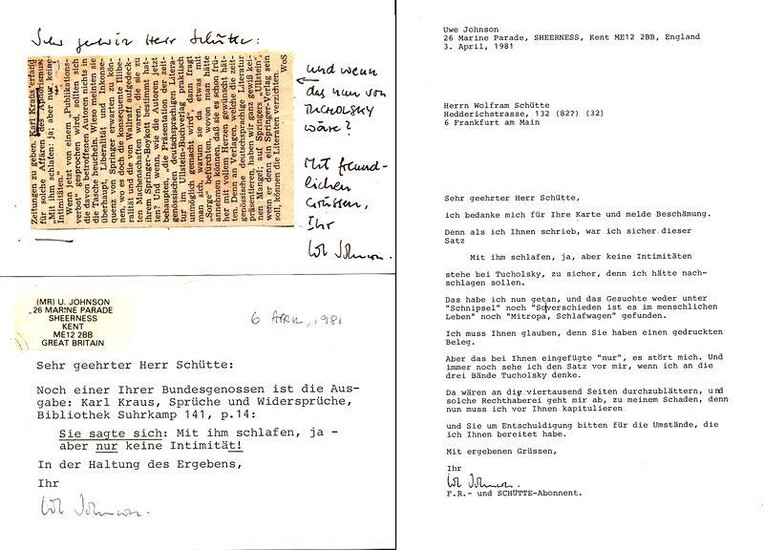 Schriftsteller (1934-1984; Georg-Büchner-Preis 1971): Konvolut aus drei Teilen: 1 eigenh. Postkarte mit U., 1 Brief m. U. und 1 Postkarte m. U.