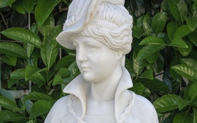 Sculpture, Busto "Donna con cappello" - 50 cm - White statuary marble