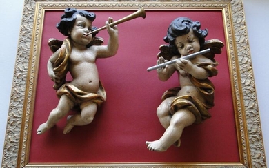 Sculpture, Music-making putti / angels with wings (2) - Baroque style - Wood - 20th century