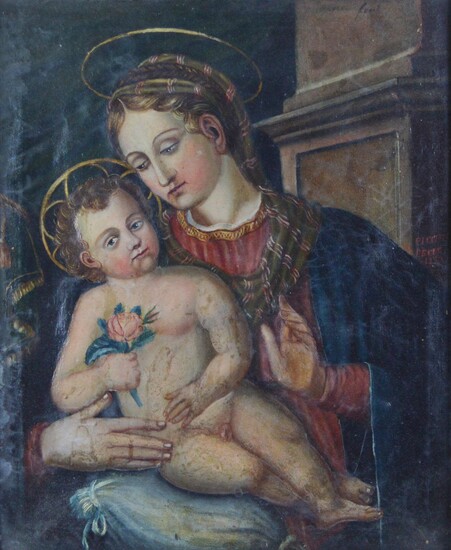 Scuola Italiana del XIX secolo MADONNA CON BAMBINO olio su tela, cm 50x41...