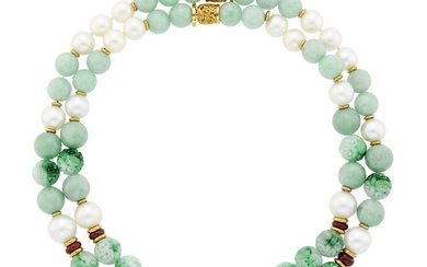 Seaman Schepps Long Gold, Carved Jade, Jade and Ruby Bead and South Sea Cultured Pearl Necklace/Pair