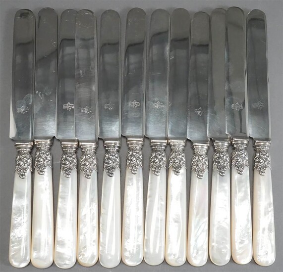 Set of 12 Sterling Silver Banded and Mother-of-Pearl Handled Dinner Knives, L: 9-1/2 in